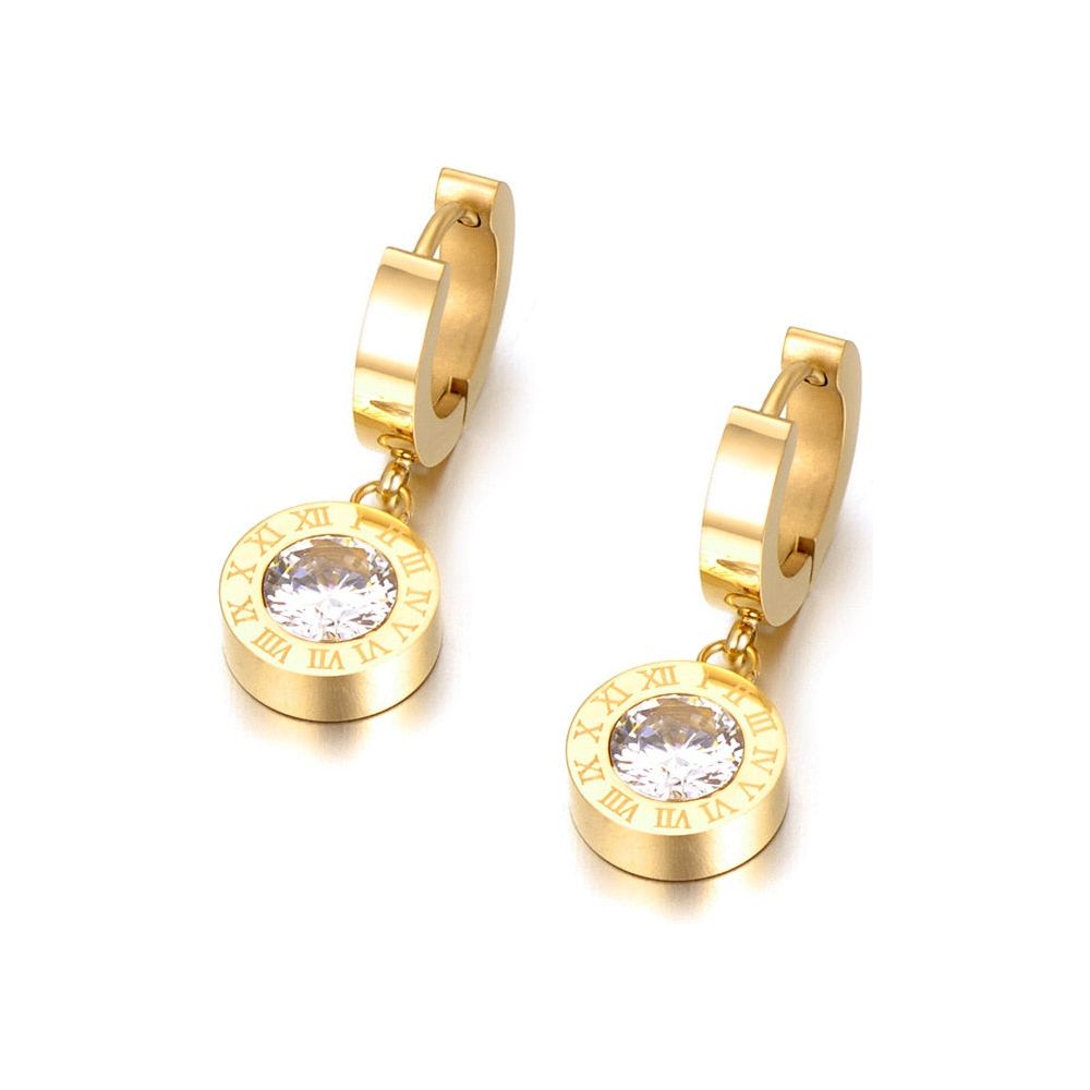 Fashion Cubic Zirconia Round Roman Numerals Stainless Steel Earrings Rose Gold, Gold, Silver Colors - Frimunt Clothing Co.