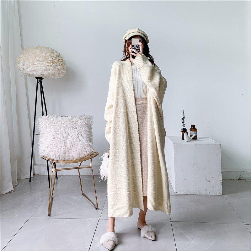 New Fall Winter Women's Open Front Loose Knit Long Cardigan Scarf Collar Lantern Sleeves Side Pockets - Frimunt Clothing Co.