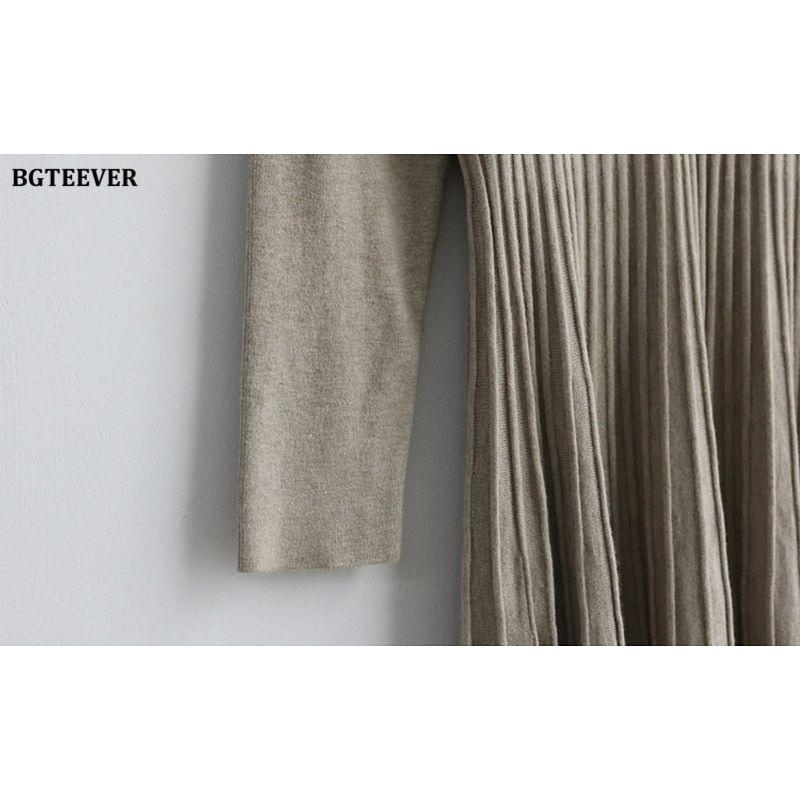 Elegant V-Neck Autumn Winter Knitted Belted Pleated Women's Long Dress - Frimunt Clothing Co.