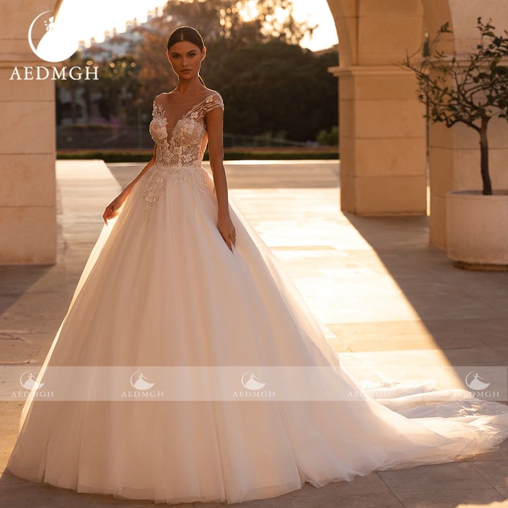 Denisse Ball Gown Wedding Dress Sweetheart Cap Sleeve Court Train Graceful Beading Appliques - Frimunt Clothing Co.