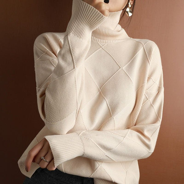 Women's Turtleneck Sweater 100% Wool Knit Pullover Large Sizes Black Beige Auburn Yellow - Frimunt Clothing Co.