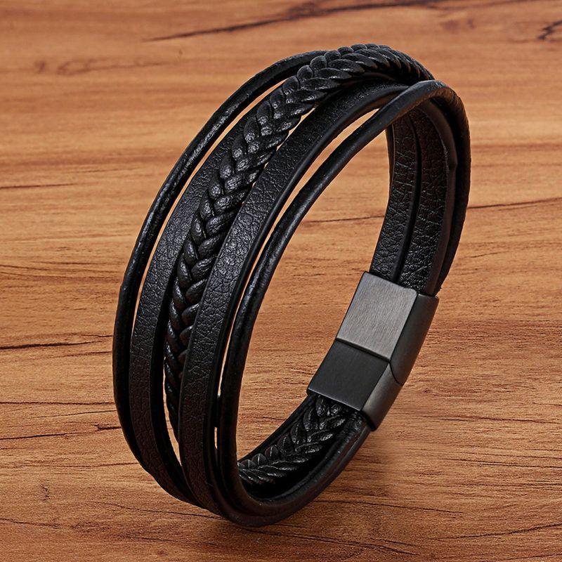 Stainless Steel Charm Magnetic Black Men Bracelet Leather Genuine Braided Punk Rock Bangles Jewelry Accessories - Frimunt Clothing Co.