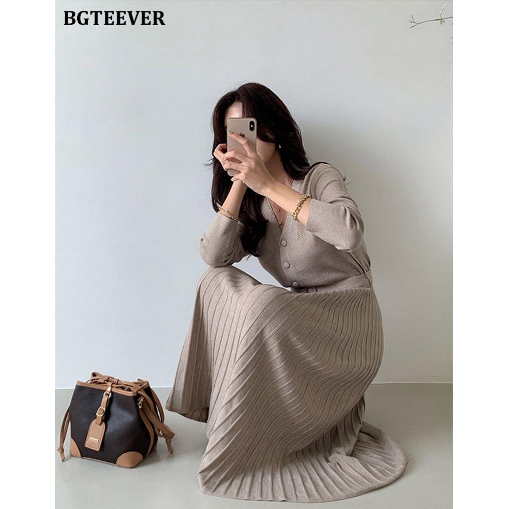 Elegant V-Neck Autumn Winter Knitted Belted Pleated Women's Long Dress - Frimunt Clothing Co.