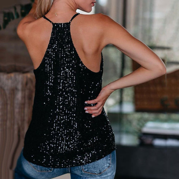 Womens Fashion Sequins Halter Neck Tank Tops Summer Casual Solid Color Black Pink