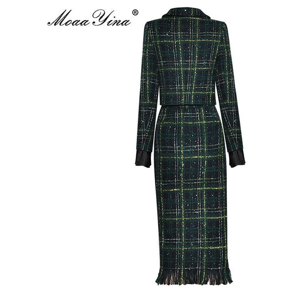 Designer Winter Plaid Tweed Skirt Suit Bow Beading Long Sleeve Jacket + Tassel Skirt - Frimunt Clothing Co.