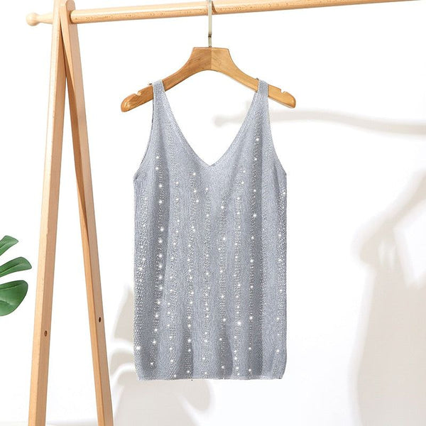 Bling Lurex Summer Knit Tank Top for Women Cami Sleeveless Crystals Top - Frimunt Clothing Co.