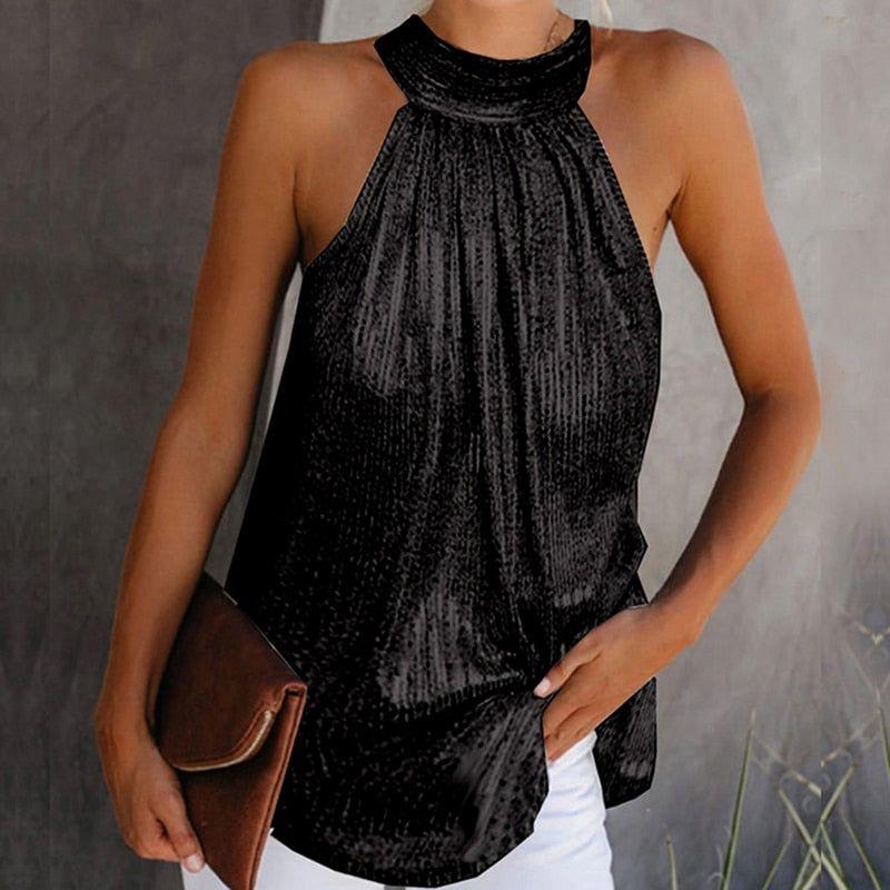Women's Fashion Shiny Halter Neck Tank Tops Summer Casual Solid Color Blouse Black Gold Silver Leopard - Frimunt Clothing Co.