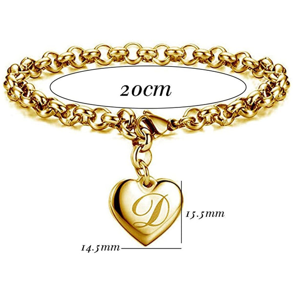 Initial Charm Gold-Color Bracelets Stainless Steel Heart 26 Letters Alphabet Bracelet for Women Girls Gifts