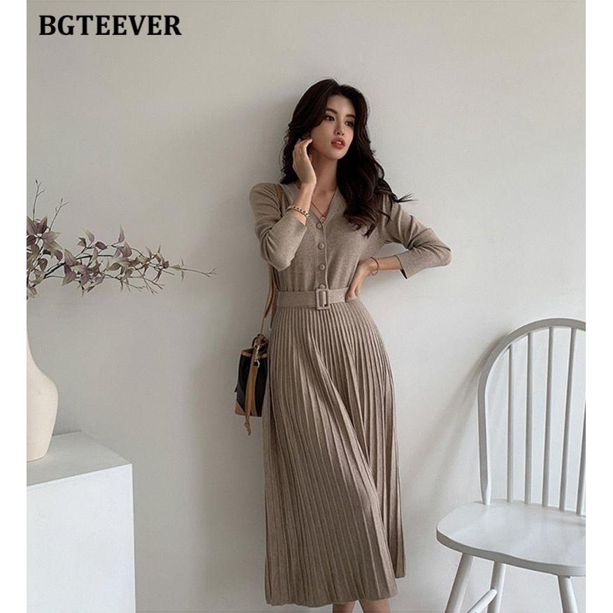 Elegant V-Neck Autumn Winter Knitted Belted Pleated Women's Long Dress - Frimunt Clothing Co.