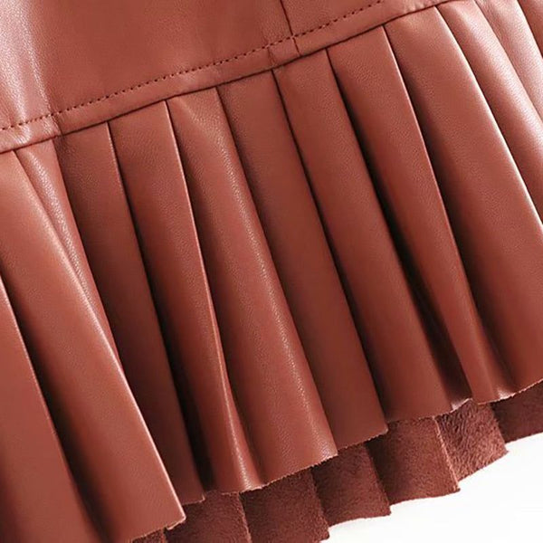 Fitaylor Women Chic Eco Leather Pleated Ruffles Tie Belt Waist Pocket Skirt Zipper Fly