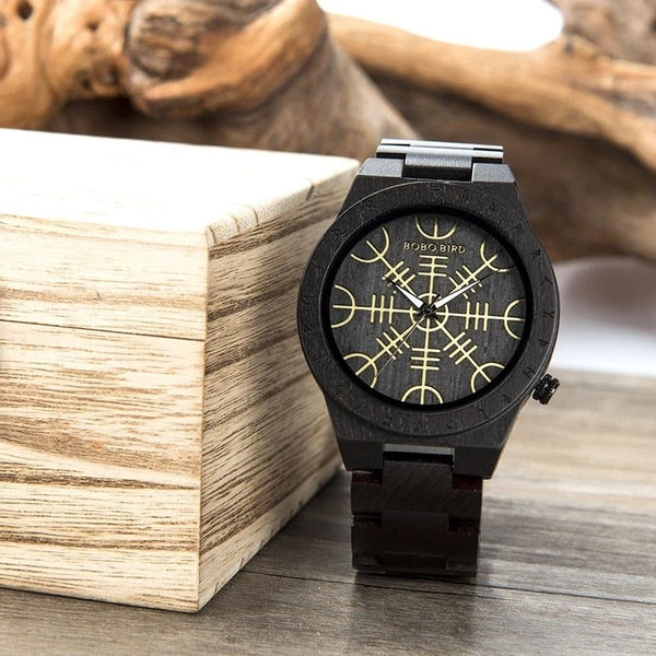 BOBO BIRD Wood Norse Rune Compass Men's Watches Luxury Wooden Strap Bamboo Gift Box - Frimunt Clothing Co.