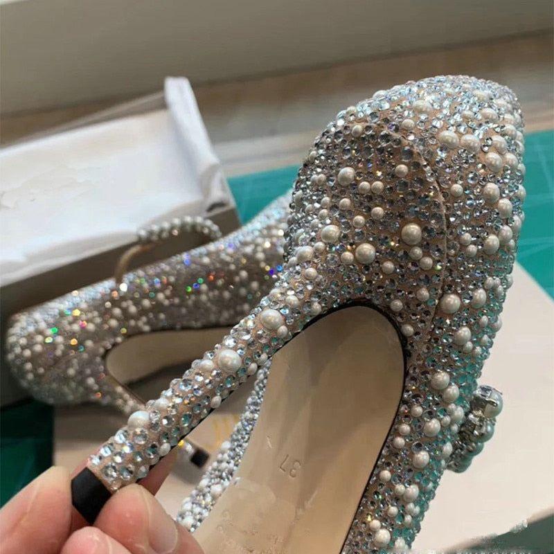 New Rhinestone High Heels Luxury Mary Jane Bridal Shoes Pointed Toe Crystal Beading Pearls - Frimunt Clothing Co.