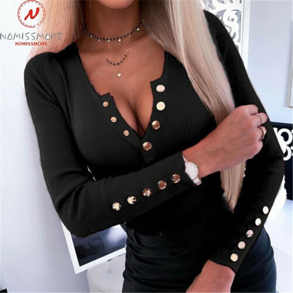 Elegant Women Autumn Winter Ribbed Knit Long Sleeve T-Shirts V-Neck Button Decor Solid Color Top