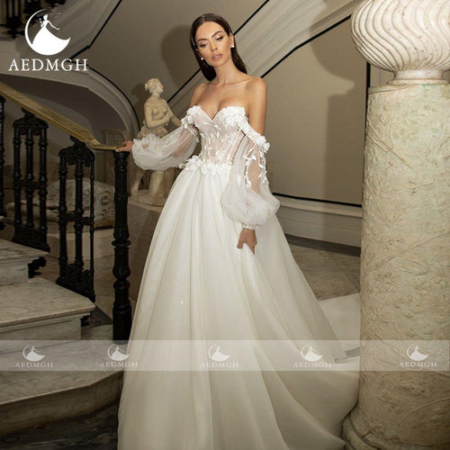 Aisling Strapless Puff Sleeve Romantic Bridal Gown Appliques 3D Flowers Backless A-Line  Court Train - Frimunt Clothing Co.