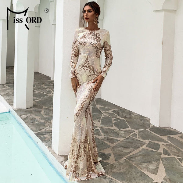 Women Sexy O Neck Backless Sequin Long Wedding Dresses Bodycon Evening Party Dress Gold - Frimunt Clothing Co.