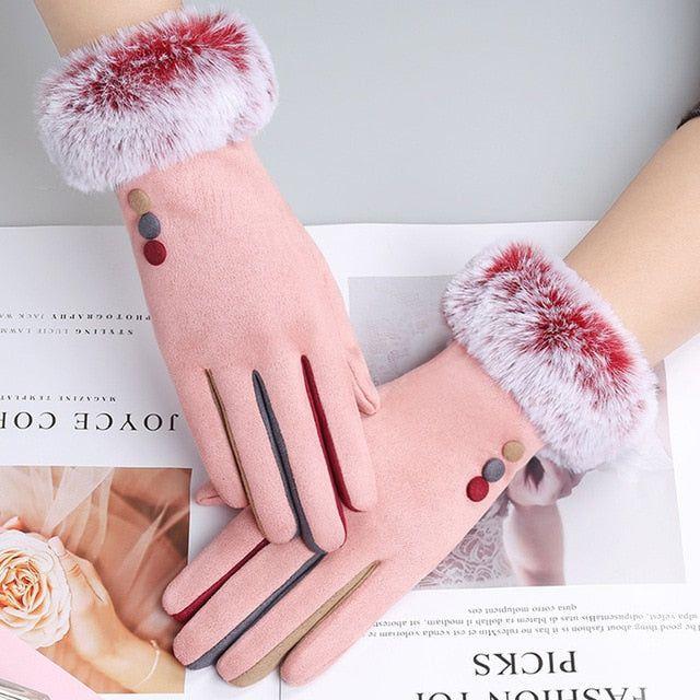 Fashion Women Winter Warm Suede Leather Touch Screen Glove Female Faux Rabit Fur Embroidery Plus velvet thick driving gloves H92 - Frimunt Clothing Co.