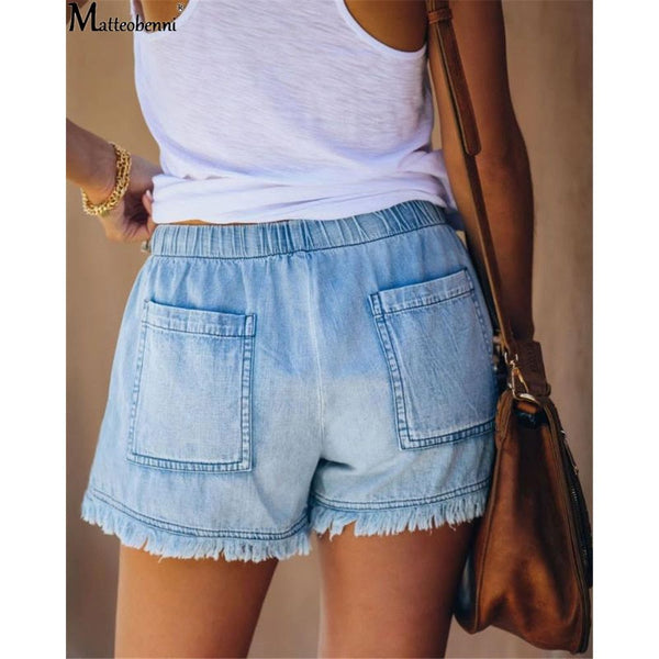 Women High Waist Short Jeans Summer Casual Elastic Waist Drawstring Vintage Thin Shorts