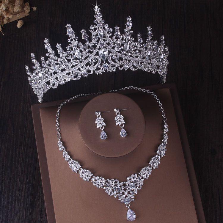 Gorgeous Silver Color Crystal Bridal Jewelry Sets Fashion Tiaras Crown Earrings Choker Necklace Women Wedding Dress Jewelry Set - Frimunt Clothing Co.