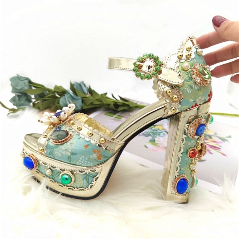Women's Genuine Leather Platform Luxury Flower Embellished Sandals - Frimunt Clothing Co.