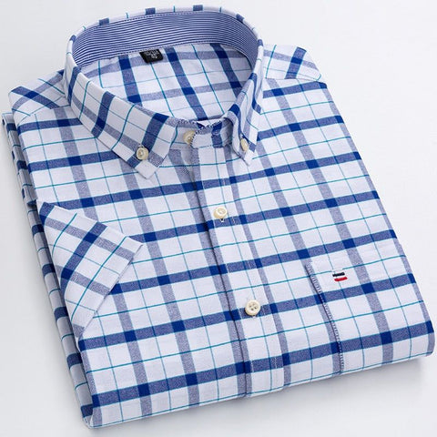 S~7xl Cotton Shirts for Men Short Sleeve Summer  Plus Size Plaid Striped Business Casual New Regular Fit