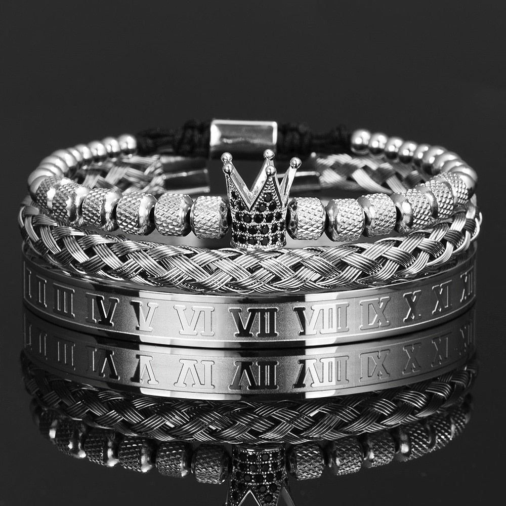 3 Piece Set Luxury Crown Handmade Men Enamel Roman Numeral Bangles Hemp Rope Stainless Steel Micro Pave CZ Luxury Jewelry - Frimunt Clothing Co.