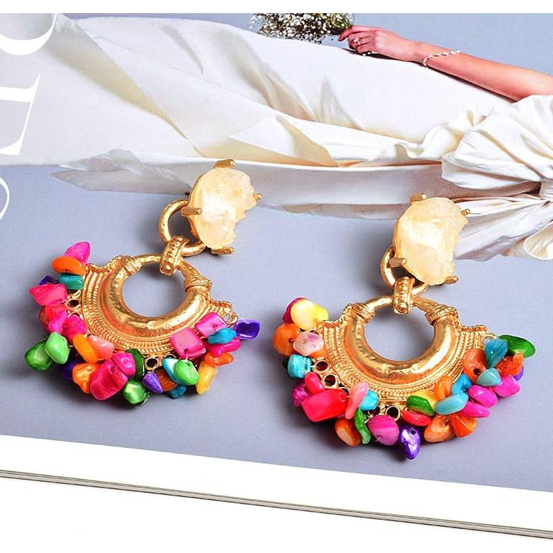 Bohemian Natural Stone Colorful Dangle Metal Drop Earrings Women's Statement Jewelry - Frimunt Clothing Co.