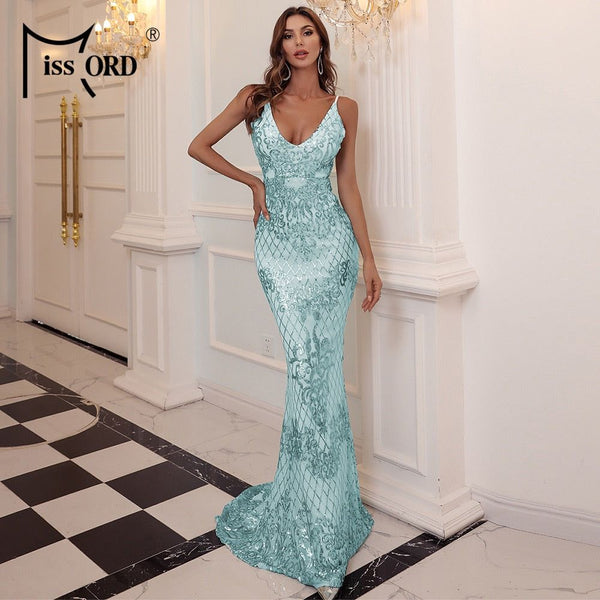Missord Women Backless Sequin Evening Long Prom Dress Elegant V Neck Spaghetti Strap Maxi Summer Bodycon Party Dress