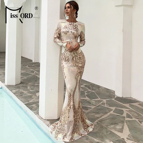 Women Sexy O Neck Backless Sequin Long Wedding Dresses Bodycon Evening Party Dress Gold - Frimunt Clothing Co.
