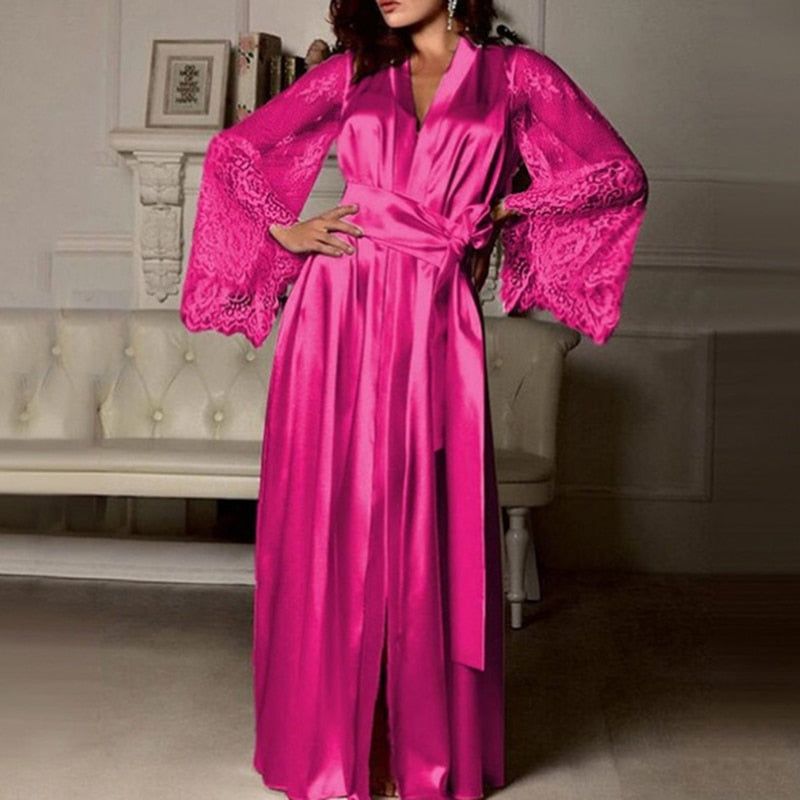 Women's Sexy Long Lace Robe Gown Imitation Ice Silk Solid Colors Nightwear