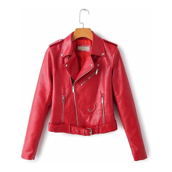 Women's Winter Autumn Motorcycle Eco Leather Belted Jacket Many Colors