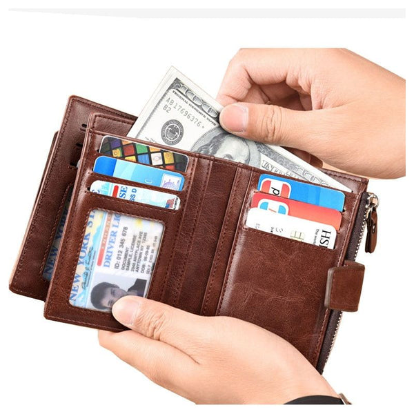 High Quality Vertical Man Zipper Coin Purse Men's Leather Wallet Credit Card Holder Wallets RFID Blocking