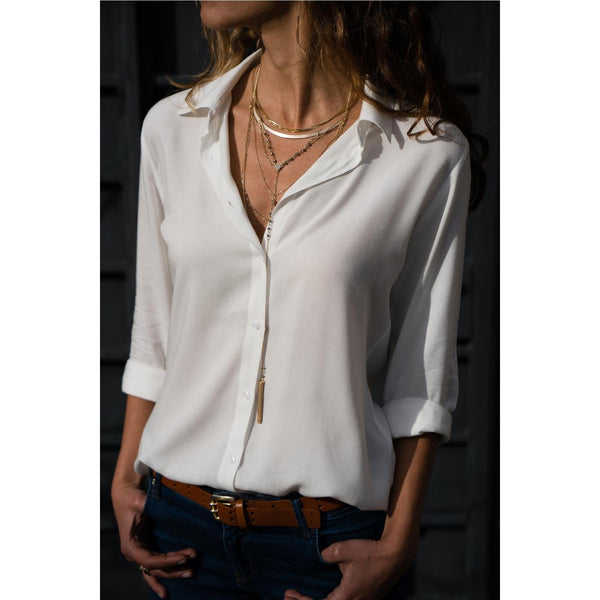 Chiffon Women Shirt Top Loose Fit Lapel Collar Button Up Long Sleeve - Frimunt Clothing Co.