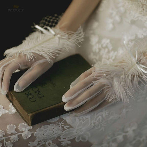 Art Deco Vintage Style Bridal Short Gloves Full Finger See Through Feather Wrist Length - Frimunt Clothing Co.