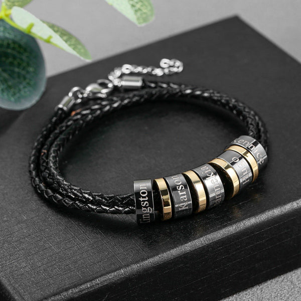Custom Men's Black Charms Beads Bracelet Personalized Men's Jewelry Genuine Leather Braided Bracelet Christmas Gift - Frimunt Clothing Co.