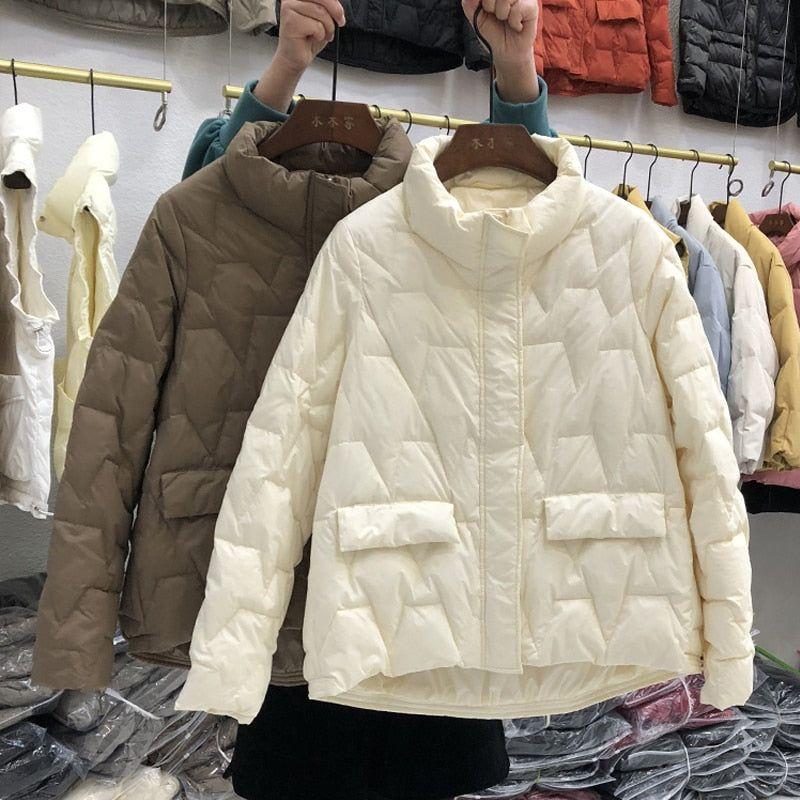 Ultra Light Quilted Women's Down Jacket Stand Collar 90% White Duck Down Solid Color - Frimunt Clothing Co.
