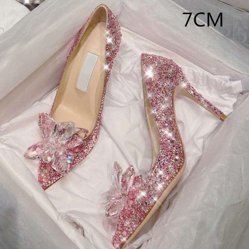 Bridal Crystal Princess Shoes Pointed Toe High Heel White, Silver, Gold, Pink - Frimunt Clothing Co.