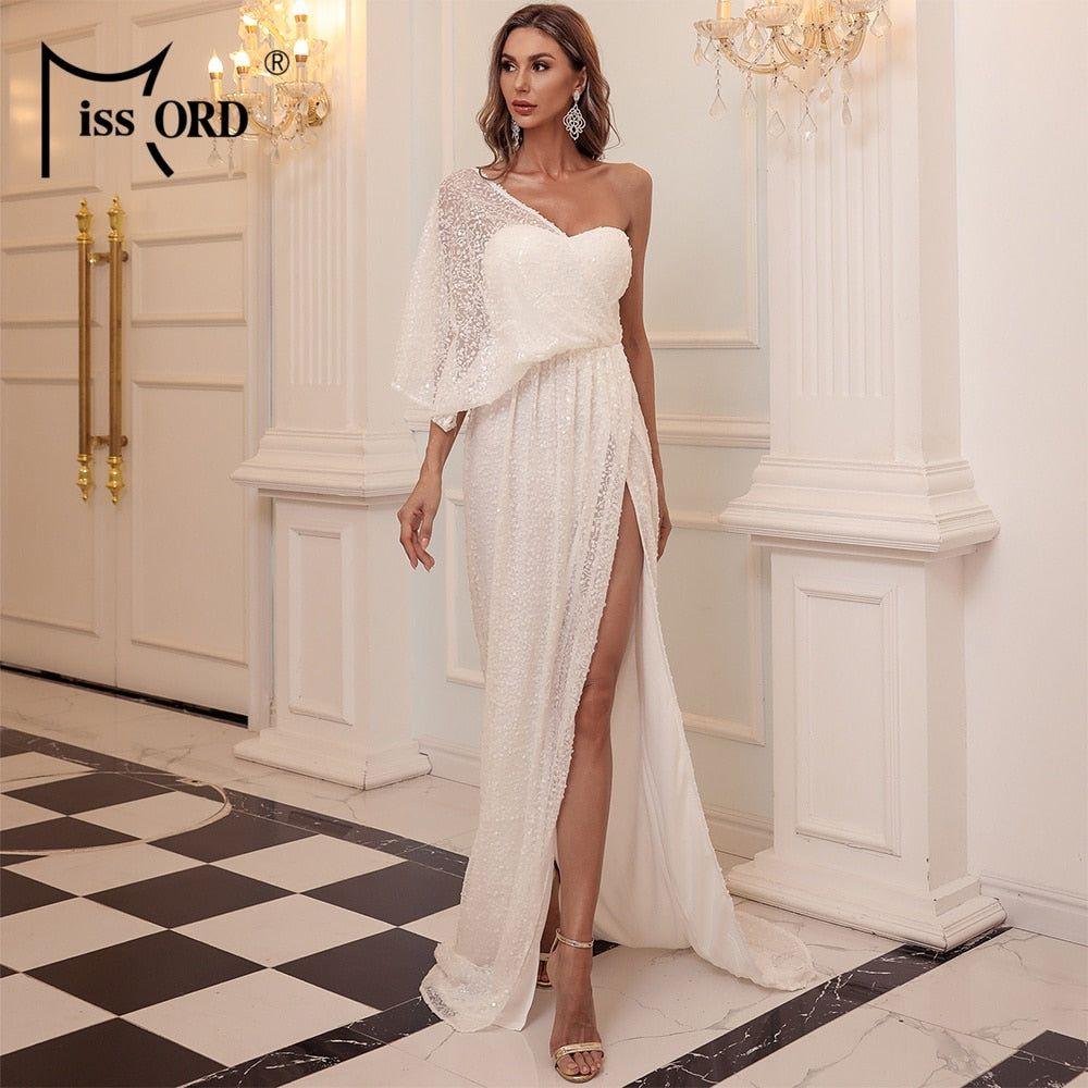 Missord Sexy One Shoulder Sequin Evening Party Dress Floor Length Maxi Dress Solid Color High Split Backless Women Dress M0843 - Frimunt Clothing Co.