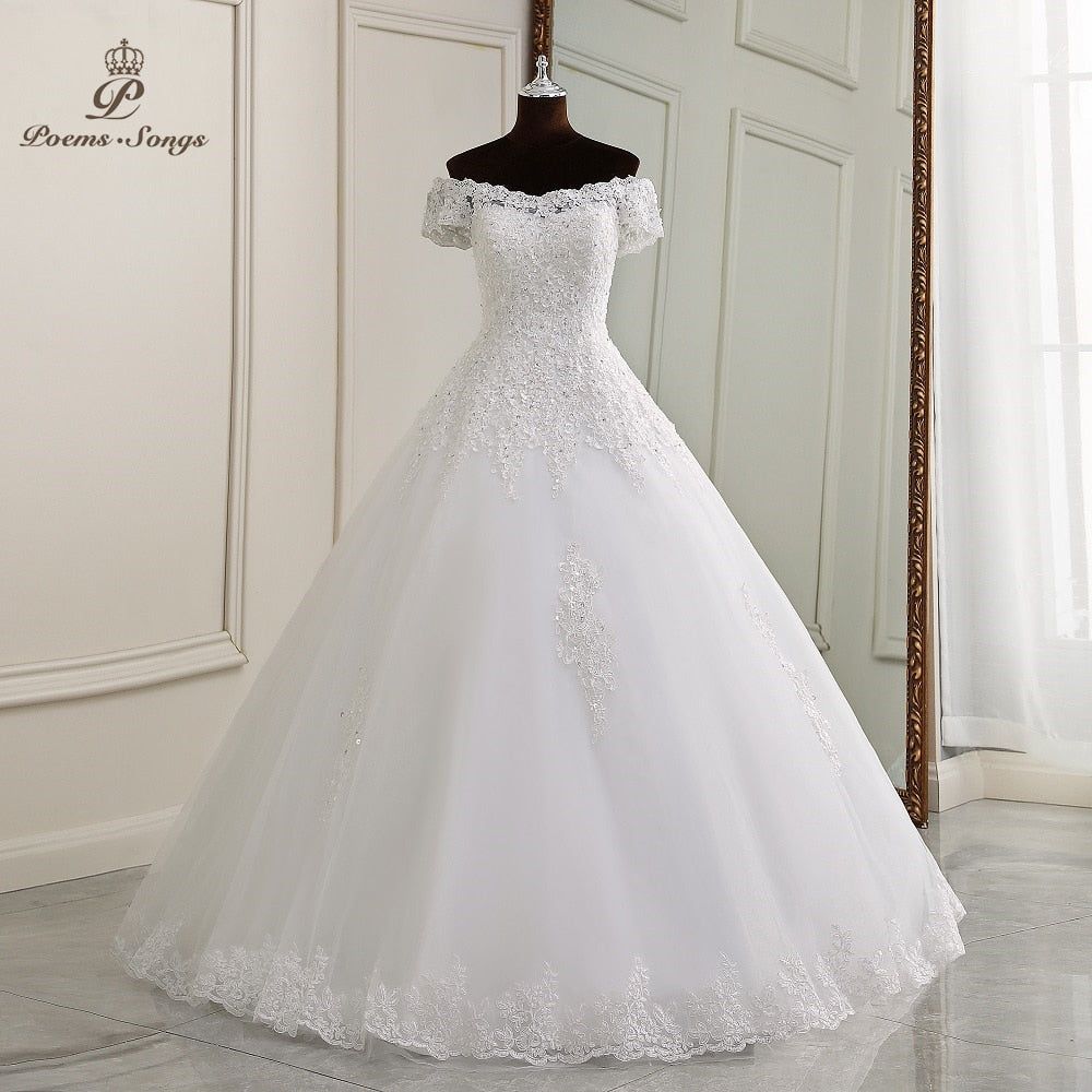 Marie Anne Simple Elegance Wedding Gown Lace Appliques Boat Neck Short Sleeve