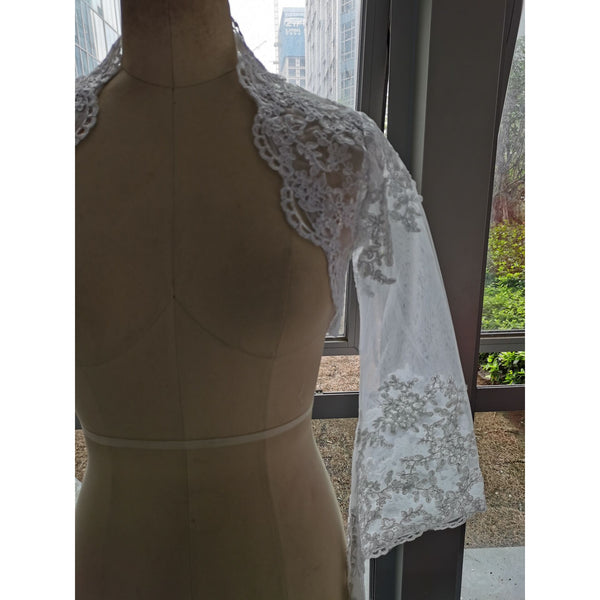 Long Trumpet Sleeve Bridal Bolero Jacket With Lace Appliques  Backless - Frimunt Clothing Co.