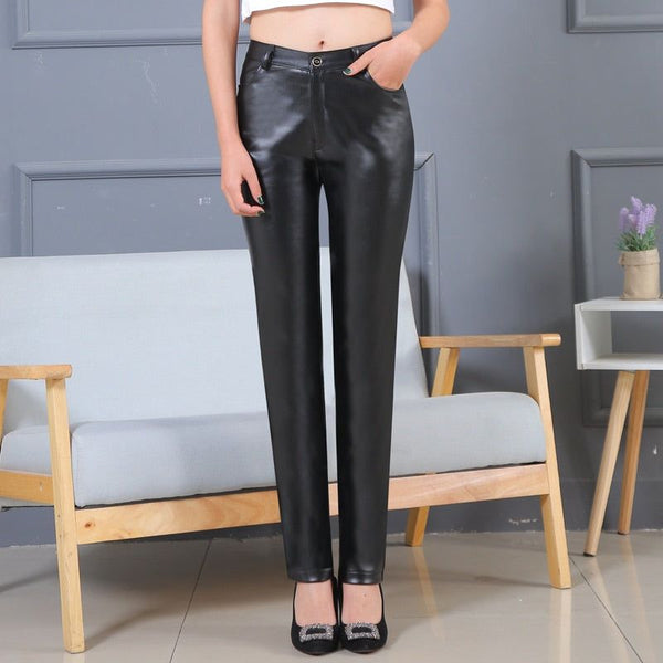 Spring Autumn Casual Faux Leather Women's Pants Slim Straight Cut High Waist Black Pants