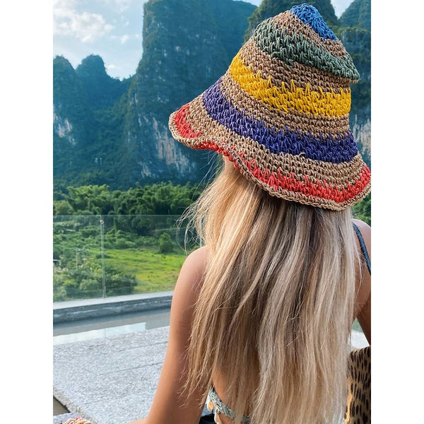 Woman Rainbow Striped Crochet Beach Boho Handmade Bucket Hat