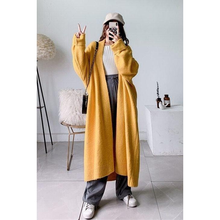 New Fall Winter Women's Open Front Loose Knit Long Cardigan Scarf Collar Lantern Sleeves Side Pockets - Frimunt Clothing Co.