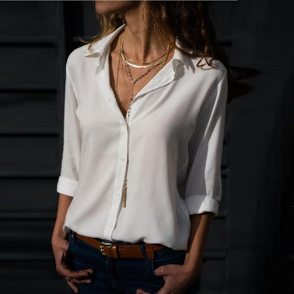 Chiffon Women Shirt Top Loose Fit Lapel Collar Button Up Long Sleeve