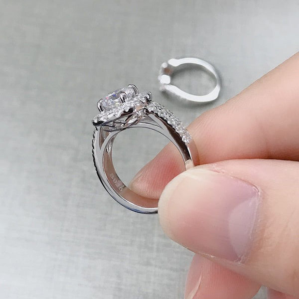 925 Sterling Silver Engagement Ring Set 1 Carat Main Created Round Cut Diamond Halo Style Fine Bridal Jewelry
