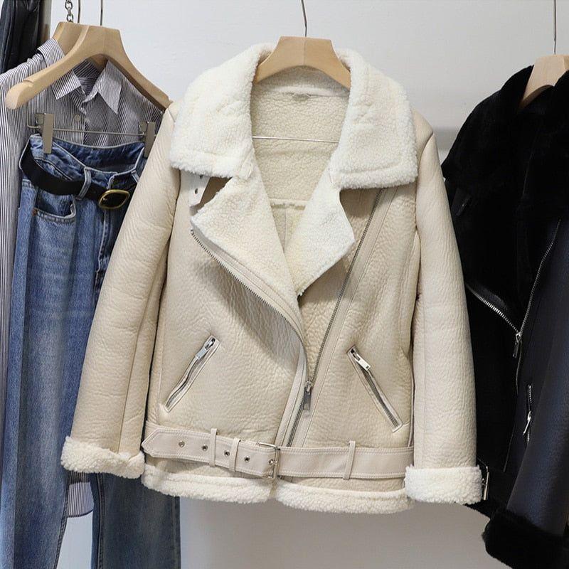 Winter Women's Faux Sheepskin Leather Jacket Aviator Style with Fur Lining - Frimunt Clothing Co.