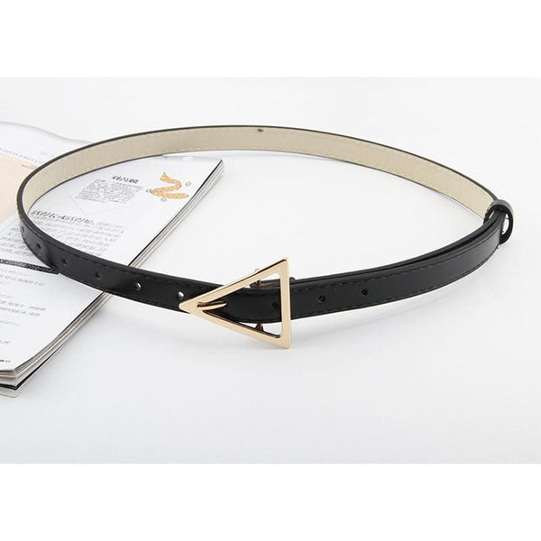 New Design Women Eco Leather Thin Belt Luxury Brand Triangle Buckle Silver Gold Bronze 100cm