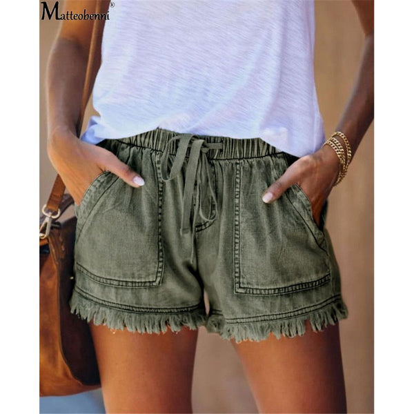 Women High Waist Short Jeans Summer Casual Elastic Waist Drawstring Vintage Thin Shorts
