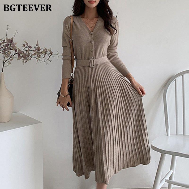 Elegant V-Neck Autumn Winter Knitted Belted Pleated Women's Long Dress - Frimunt Clothing Co.