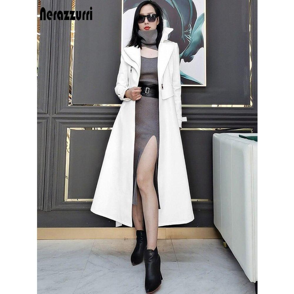 Nerazzurri Spring Runway White Long Leather Trench Coat for Women Long Sleeve Elegant Luxury Fashion - Frimunt Clothing Co.