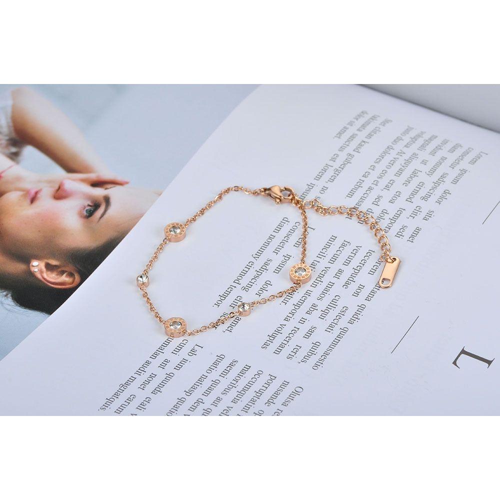 Fashion Austrian Crystal Round Roman Numerals Stainless Steel Bracelet Rose Gold, Gold, Silver Colors - Frimunt Clothing Co.